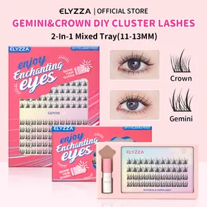 ELYZZA Gemini&Crown Eyelash Extension 11-13mm C Curl Cluster Lashes 2-In-1 DIY Individual Lashes Kit with Tweezers&Faux Mink Lash Clusters Glue for Self Use