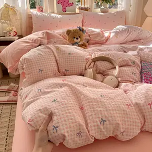 3pcs/4pcs Cloud-Feel Twin Layered Sheet Set, Cute Four-Piece Bedding, Student Dormitory Essentials, Cartoon Floral Design, All Seasons Use, Soft Bedding Sets, Decorative Bedding Set
