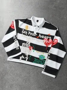 Men Women Long Sleeve Polo Shirt, Striped Graphic Print Design, Loose Fit Streetwear Style, Spring & Fall Season, Unisex Casual Wear