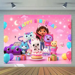 Cartoon Anime Gabby Dollhouse Happy Birthday Banner Party Photography Background, Wall Art, Outdoor Home Decor, Party Supplies, Party Decorations Banners