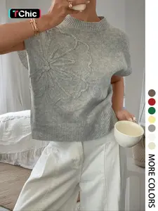 Women's Plain Flower Jacquard Semi-sheer Cable Knit Top, Casual Sleeveless V Neck Knitwear for Daily Wear, Ladies Clothes for All Seasons