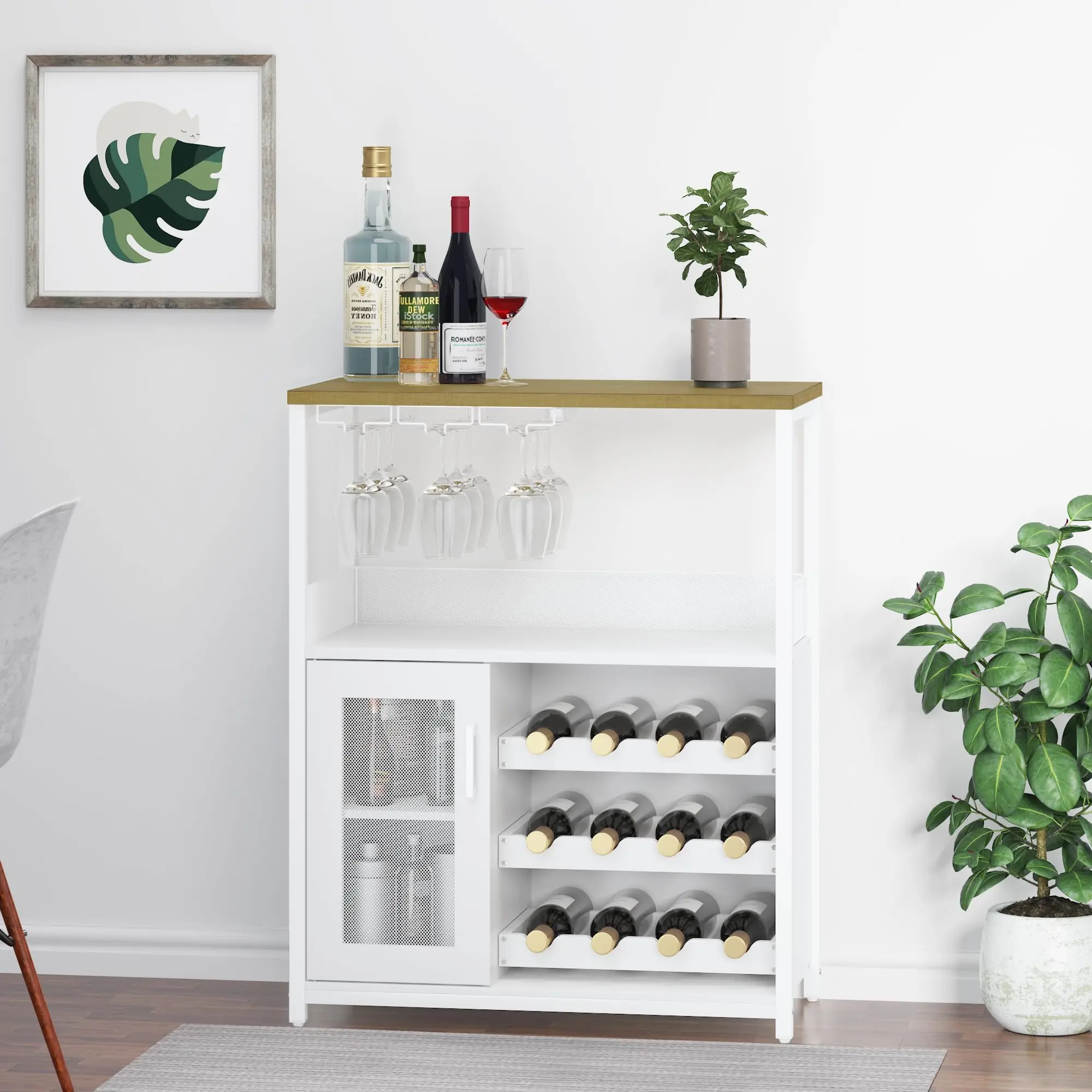 Garvee 3-Tier Wine Bar Cabinet with Detachable Wine Rack, Mesh Door, Glass Holder, and Ample Storage - Modern Buffet Sideboard for Kitchen, Dining, or Living Room in White