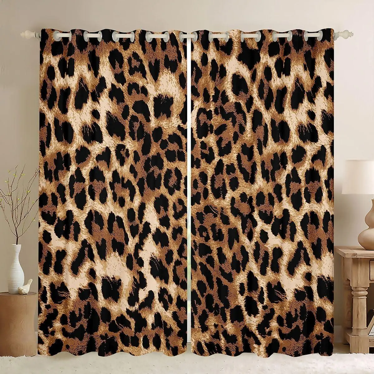 Feelyou Blackout Grommet Curtains 2 Panels - Velvet Fabric, High-Definition Animal Prints (Black Brown Leopard, Cheetah, Geometric), Multi-Size Privacy Grommet Drapes for Bedroom, Farmhouse, Privacy Grommet Curtains