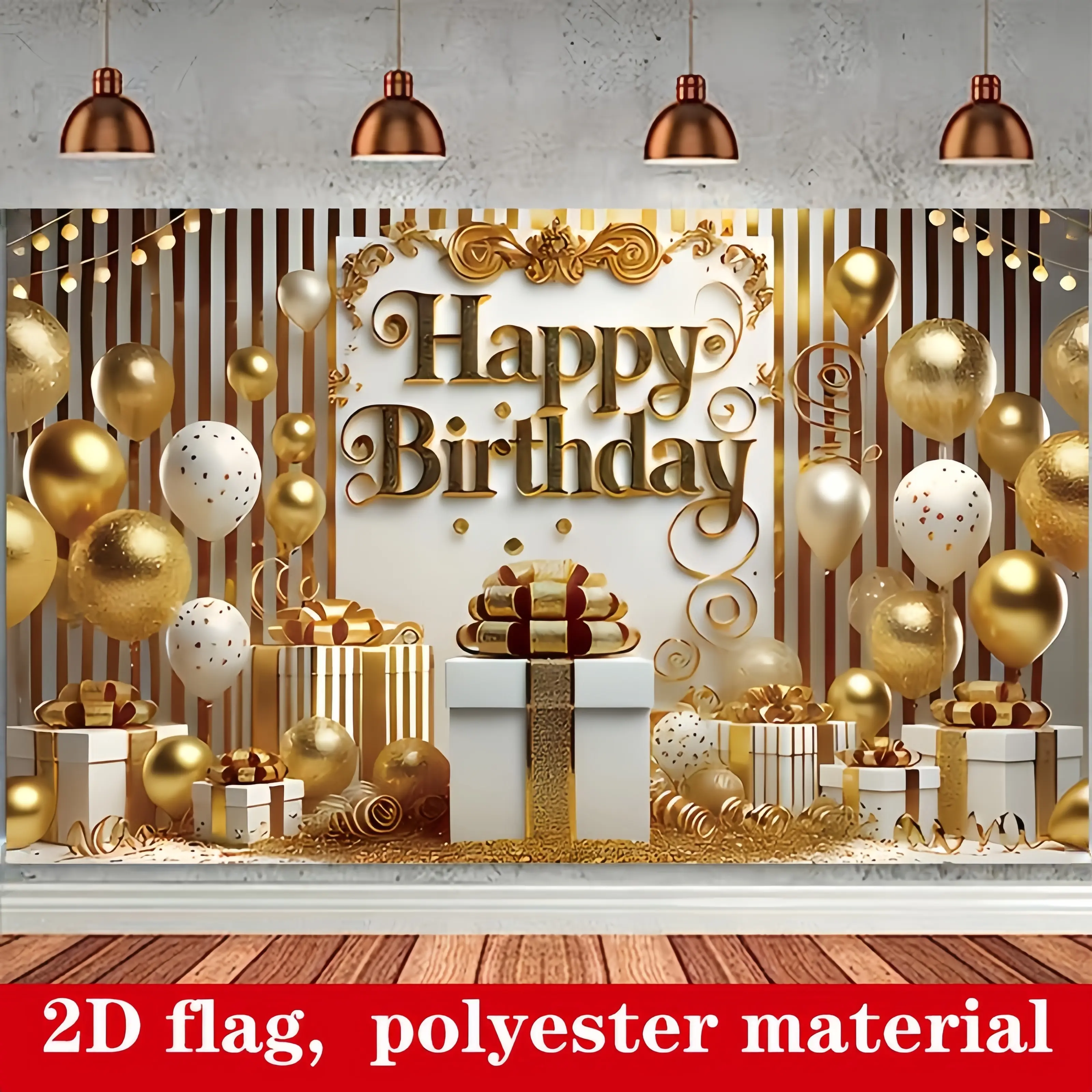 Luxury Golden Theme Birthday Backdrop - 100% Polyester, Soft, Durable Photography Banner with Balloons, Gift Boxes, Confetti, "Happy Birthday" Letter Print - Perfect for Celebrations, Photo Booths, Anniversary Gift Decor, Birthday Party, Birthday-Themed F