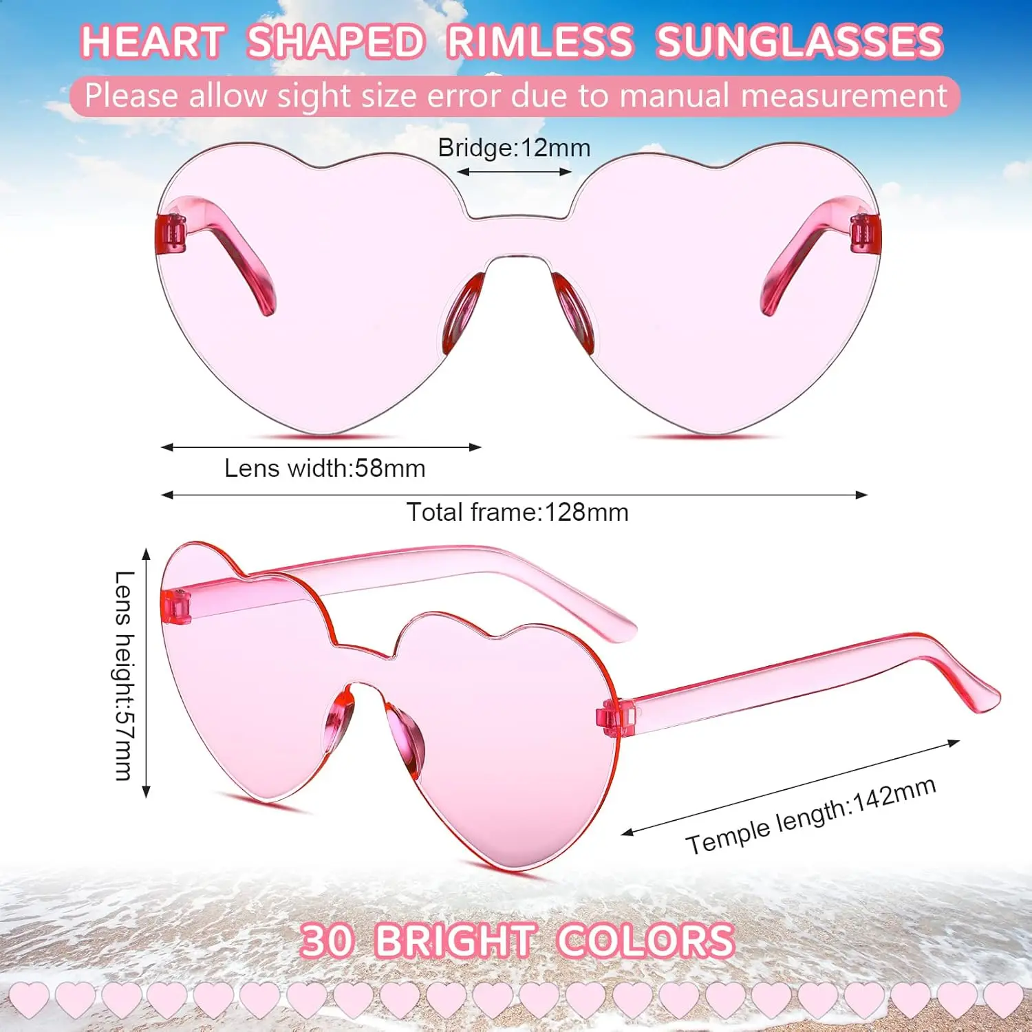 30 Pairs Heart Shaped Sunglasses Bulk Valentines Galentines Rimless Heart Sunglasses Candy Eyewear for Women Men