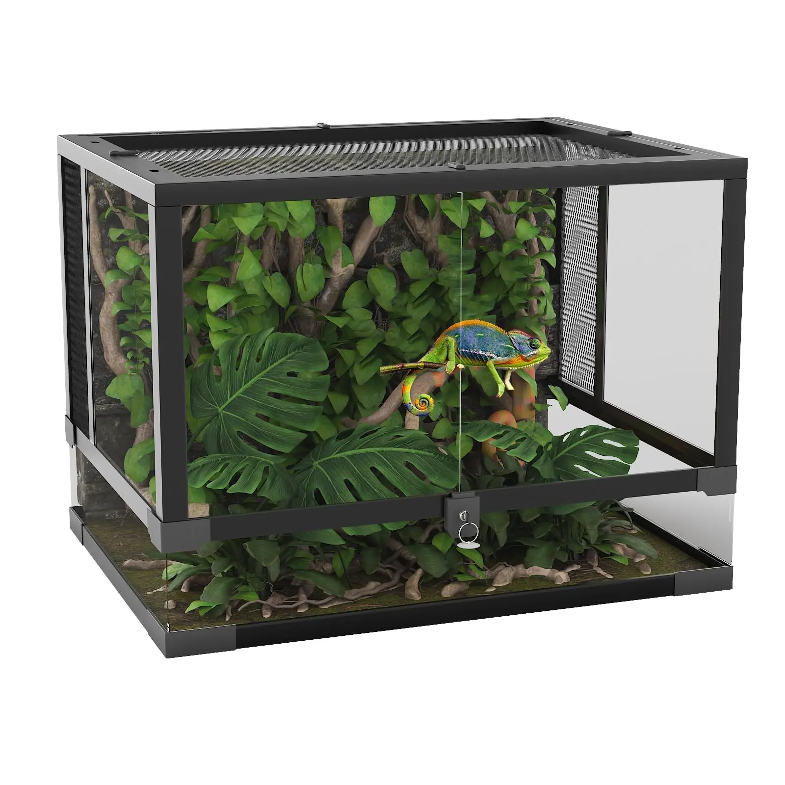 61x46x46cm Glass Terrarium for Reptiles, Front Door and Mesh Top with Closure, Vertical Enclosure for Spiders, Frogs and Small Geckos, Black