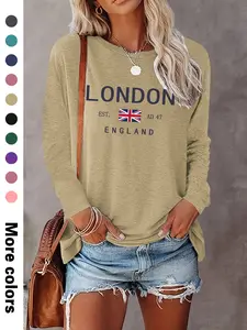 Women's Casual Letter Print Long Sleeve Round Neck Basic Fitted Thin Top Pullover, Available in 10 Colors, Perfect for Fall & Winter Fashion