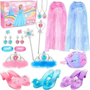 Princess Dress Up Shoes Set Little Girls Role Play Shoes Pretend Princess Gift Toy Set with 3 Pairs of Shoes,Princess Cape,Crown Tiaras,Unicorn Purse for Girls Aged 3,4,5,6 Birthday Christmas