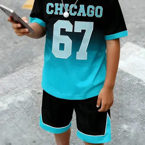 Trendy Basketball Style Kids Set, Sporty Style Clothes, Clothes Sets, Sports Clothing Set, Number 67 Printed Boys Short Sleeve Shorts Two-Piece Set, Casual Fitted for All Seasons