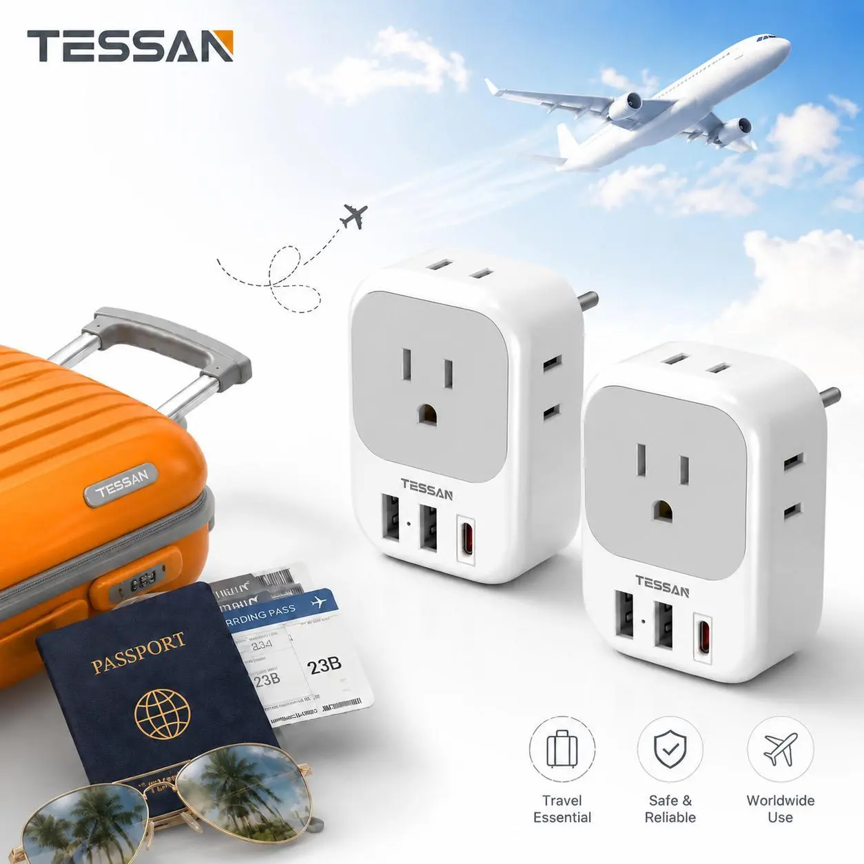 TESSAN 2 Pack European Travel Plug Adapter, Europe Power Converter 4 Outlets 3 USB (1 USB C PD 20W), International Adaptor for Europe, UK, South Africa, Germany, Italy, Japan, Australia & More, Travel Essentials