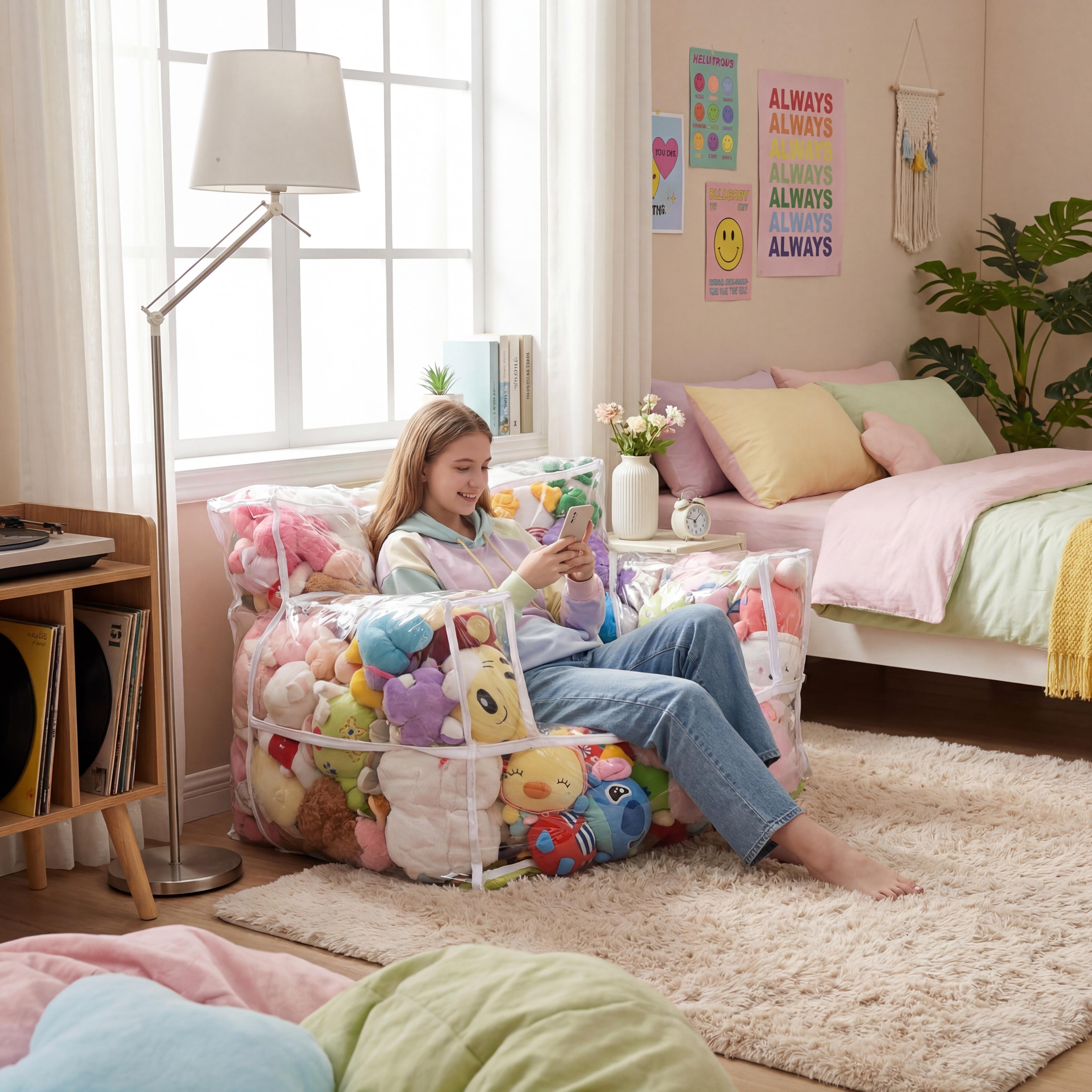 Clear Kids Seat Sofa, Convertible Lounge Chair for Boys and Girls, See-Through TPU Shell & Waterproof Oxford Cloth, Stuffed  Storage Chair (Shell Only, Toys Not Included)