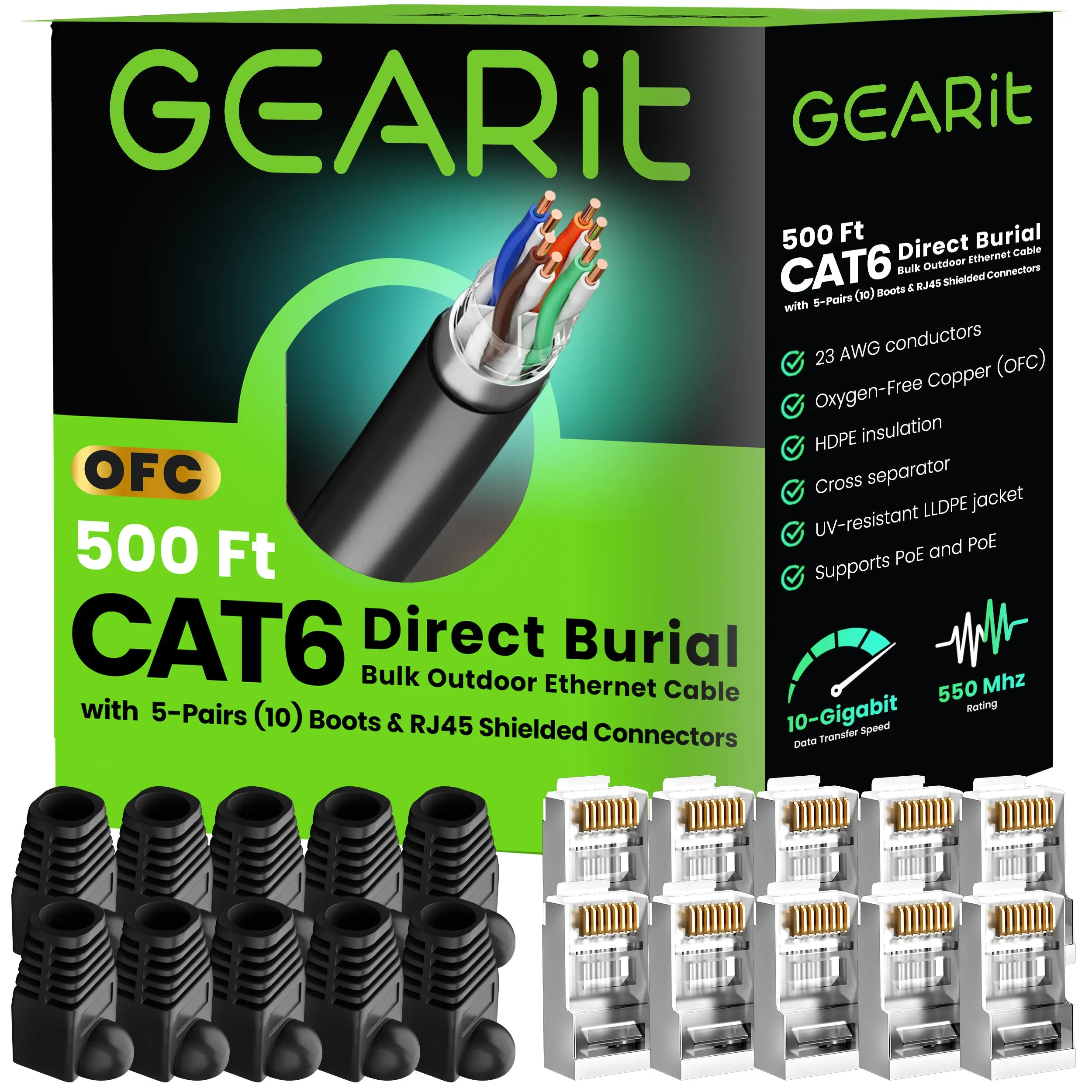 GEARit CAT6 Outdoor Ethernet Cables - 500FT/1000FT Bulk FTP 24 AWG Direct Burial, UV/Water Resistant, High-Quality Pure Copper Wire, RJ45 Connector, 550MHz Bandwidth, Rugged & Flexible, Increases Speed & Decreases Signal Loss