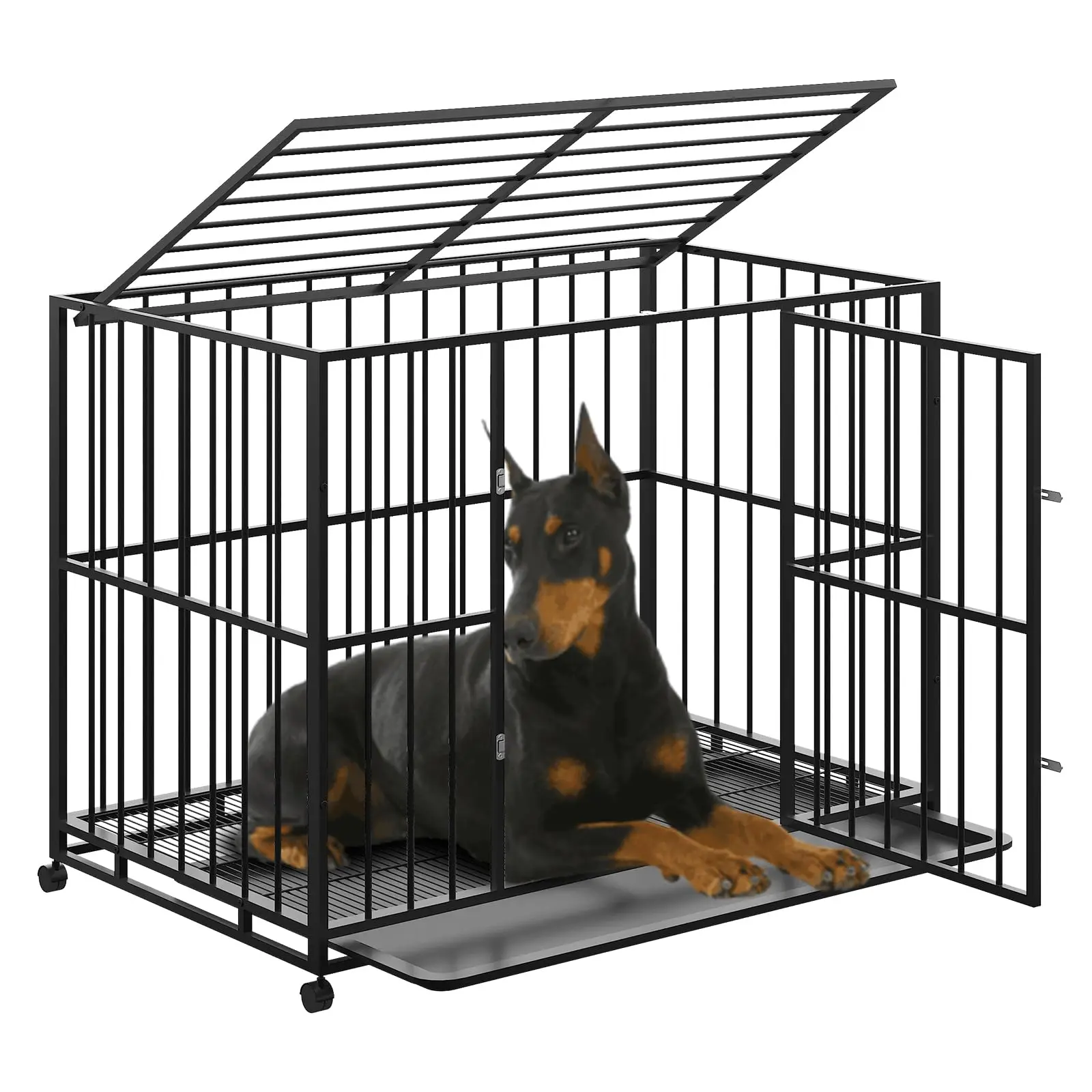 Stainless Steel Heavy-Duty Dog Crate with Wheels - Indestructible, Escape-Proof Cage for Large Dogs Indoor, Enclosure