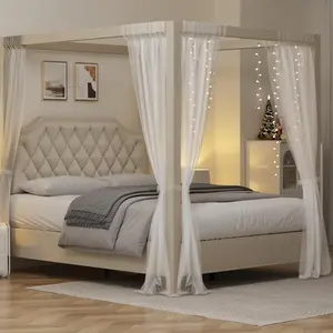 Upholstered Canopy Bed Frame Queen Size with Headboard Button Tufted Nailhead Trim Design No Box Spring Required Natural Bedroom Furniture