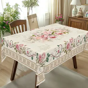 Romantic Vintage Pink Rose Rectangular Tablecloth – Elegant French Floral Print, Perfect for Indoor and Outdoor Table Decor, Perfect for Valentine's Day, Thanksgiving, Weddings, and Anniversaries