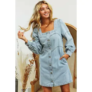 Button Down Front Washed Dress Denim