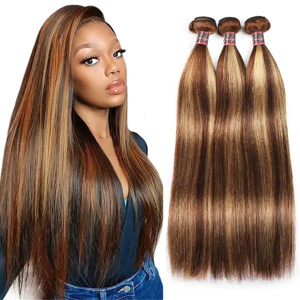Highlight Straight Hair Bundles Honey Blonde Colored Human Hair Weave Bundles 100g/pc