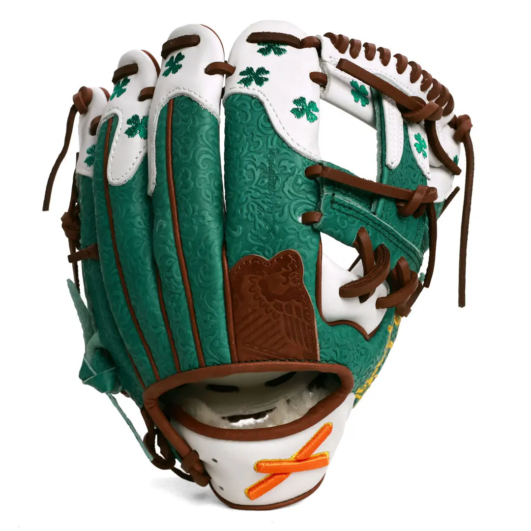 Irish-Themed Softball & Baseball Glove in Kip Leather, Shamrock Shake Design with Fine Point Embroidery and Celtic Knotwork, Softball Accessories, Luxury Sheep Wool Wrist Strap, Baseball & Softball
