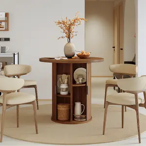 Round Dining Table for 2, Versatile Two-Person Kitchen Table with Half-Open Storage Shelf & Sliding Door, Modern Farmhouse Circle Dinner Table for Dining Room, Living Room