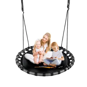 43" Saucer Tree Swing for Kids, Waterproof Flying Saucer Swing Set with Swivel, Hanging Straps, Adjustable Ropes, Round Mat Spinner Swing (Black), Backyard Outdoor Family Fun