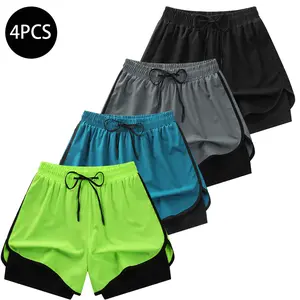 Men's sports fitness shorts, faux two-piece solid color comfortable breathable shorts, men's daily casual breathable shorts, 4-piece set