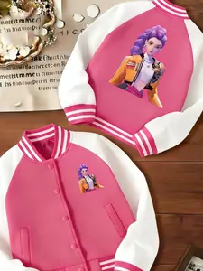 Girls' Short Baseball Jacket Coat, Cartoon Design, Elastic Fabric, Fitted Style, Collared Jacket, Fall & Winter School Uniform Outerwear