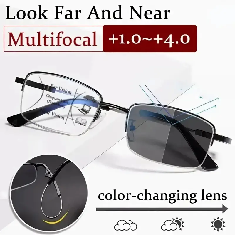 Unisex Rectangular Bifocal Readers, Lightweight Semi-Frame Alloy Glasses with Photochromic Anti-Glare Lenses (+1.0 to +4.0), Bifocals, Semi-Rimless