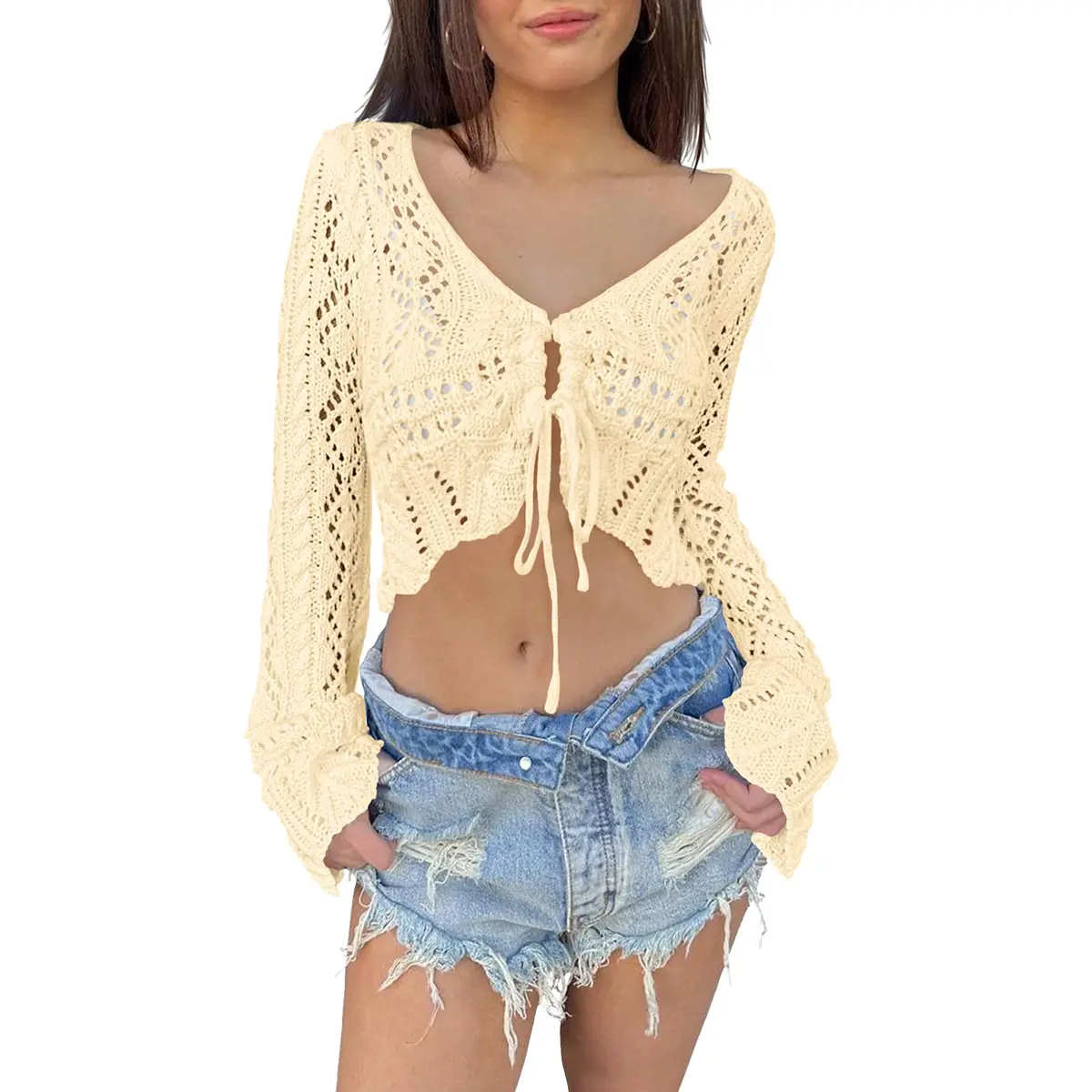 Lannew Womens Summer Fall Fashion Crochet Crop Tops Tie Front Bell Long Sleeve Cardigan V Neck Lightweight Knit Shrug Sweaters