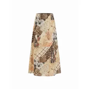 Cider Abstract Patchwork Print Mid Rise Flared Maxi Skirt
