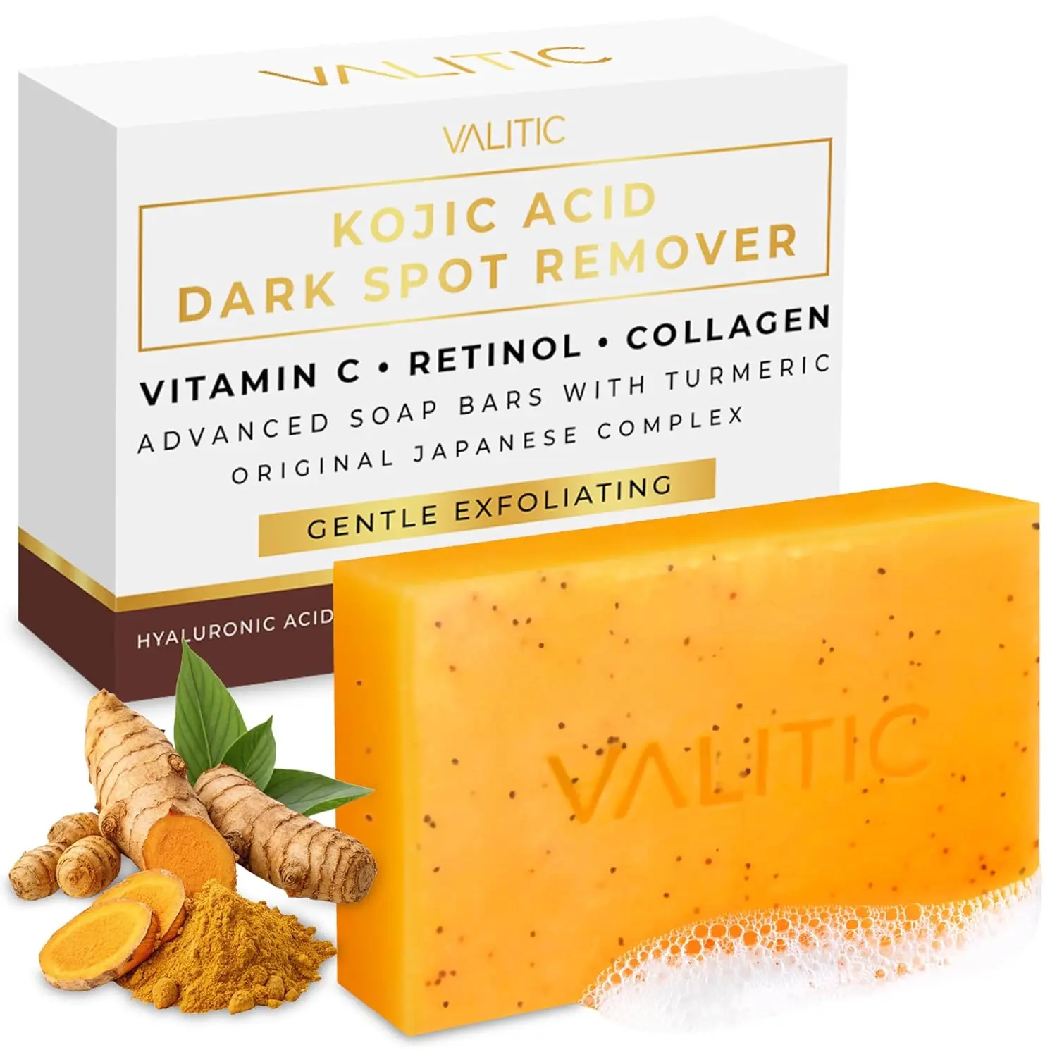 VALITIC Kojic Acid Soap - Turmeric Soap for Dark Spots for Face and Body - Exfoliating Bar for Hyperpigmentation, Skin Tone Corrector with Retinol, Vitamin C, Collagen and Hyaluronic Acid - 1 Pack