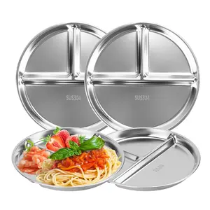 【4 Pack】Stainless Steel Plates, 4 Pack Stainless Steel Divided Plates Stainless Steel Plate Portion Control Plates, Plates With Dividers Metal Plates For Camping, Picnic, Home,9"X 9"