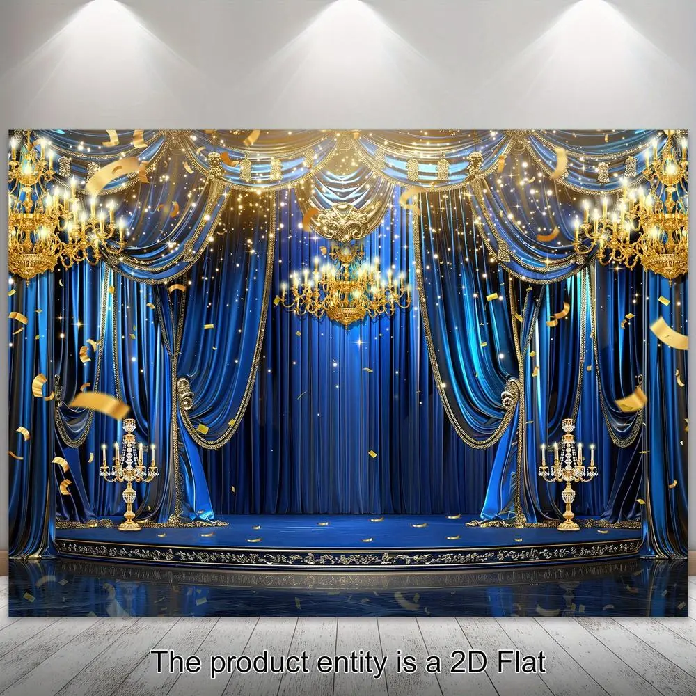 1PC Luxurious Blue-Gold 2D Flat Stage Backdrop with Court-Style Golden Chandelier, Candelabra Curtain - Polyester Reusable Party Decoration Supplies, Happy Birthday Outdoor Banner for Wedding Photography