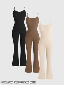 Women's Solid Color Simple Minimalist Flare Leg Cami Jumpsuit, Casual Sleeveless Spaghetti Straps Bell Bottom Jumpsuit for Summer, Ladies' Clothes for Daily Wear, Casual Jumpsuits, Flared Leg Jumpsuit, Womenswear