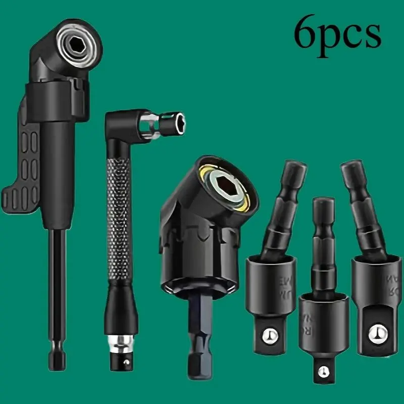 Right-Angle Drill Bit Accessory Set(6pcs), Including 3x 360° Rotatable 1/4", 3/8" & 1/2" Impact Grade Socket Adapters, 2x 105° Hex Shank Angle Adapters % 90° Bevel Drill Bit, Heavy-Duty Tool Kit