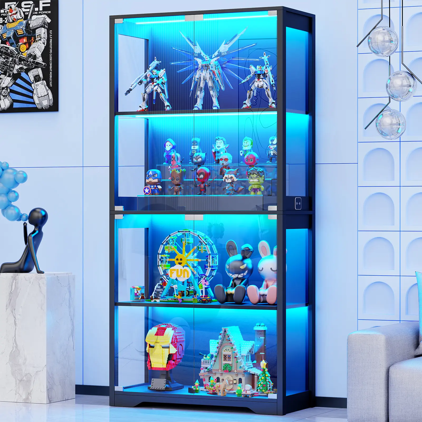 BROTTAR Modern Storage Cabinet with Glass Doors - 4-Tier Multi-Layer Organizer Storage Cupboard, Automatic 3-Color LED Lights for Collectibles/Toys, Black Indoor Furniture Shelves for Bedroom Home Decor,dorm essentials
