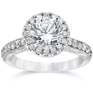 Certified 2Ct Diamond Halo Engagement Ring Antique 14k White Gold Lab Grown