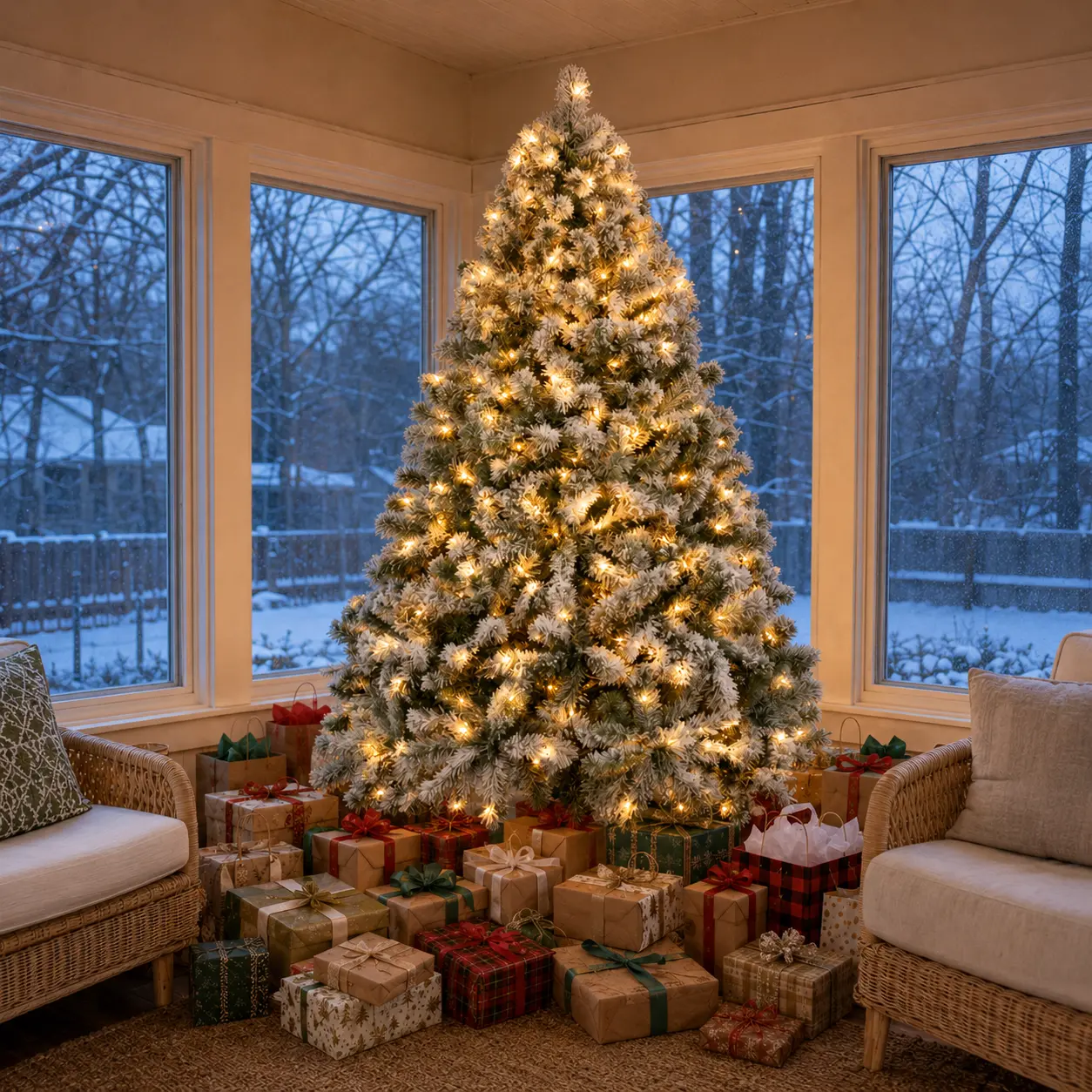 【Lush & Full】Yaheetech 4.5/6/7.5/9FT Snow Flocked Pre-lit Artificial Christmas Tree with 250 Warm White Lights, 820 Branch Tips & Foldable Metal Stand, Perfect for Home, Holiday Décor & Christmas Gift