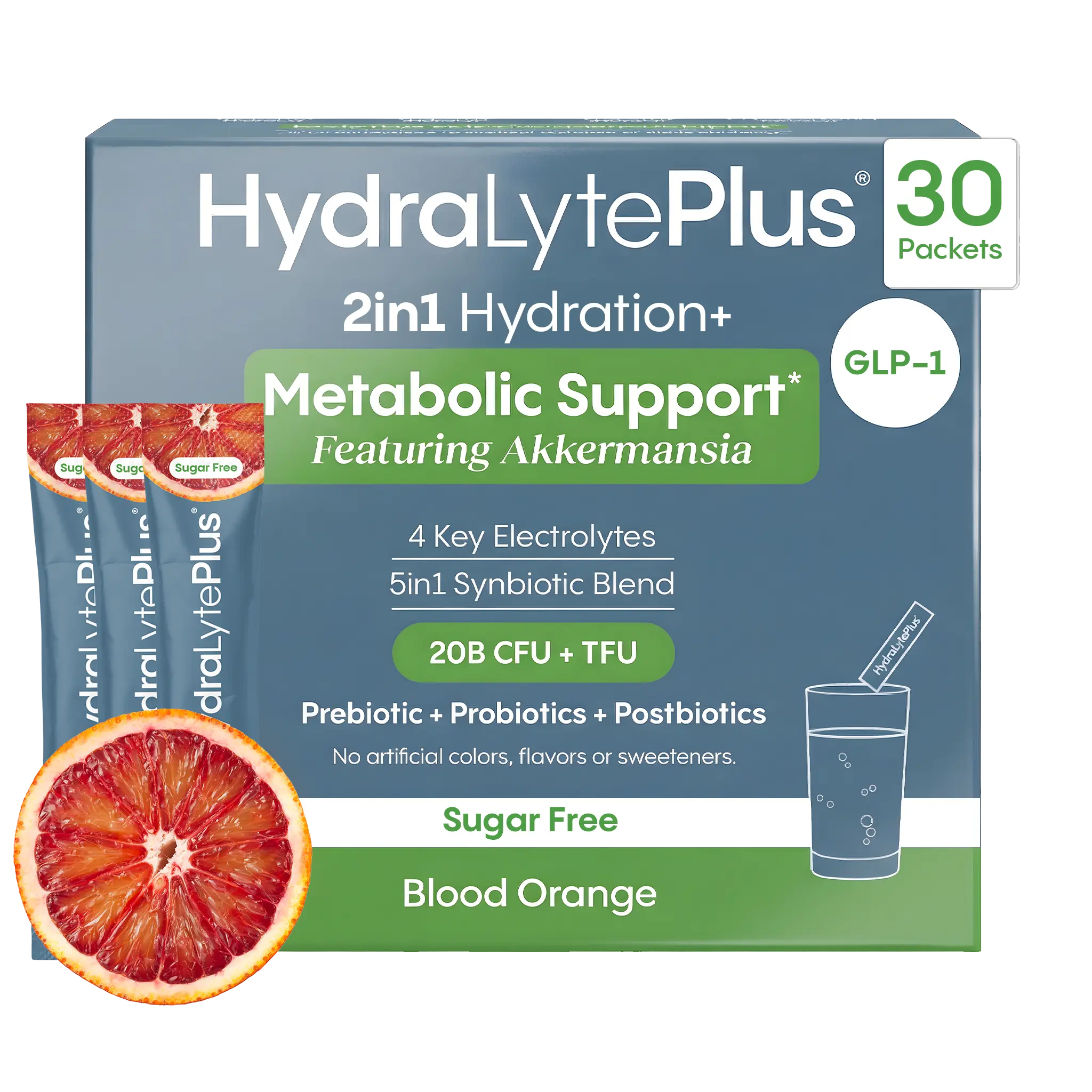 HYDRALYTE Plus Metabolic Support Sugar-Free Hydration Powder - Akkermansia-Infused, Electrolytes, Probiotics, Prebiotics, Postbiotics - Blood Orange (30 Servings)