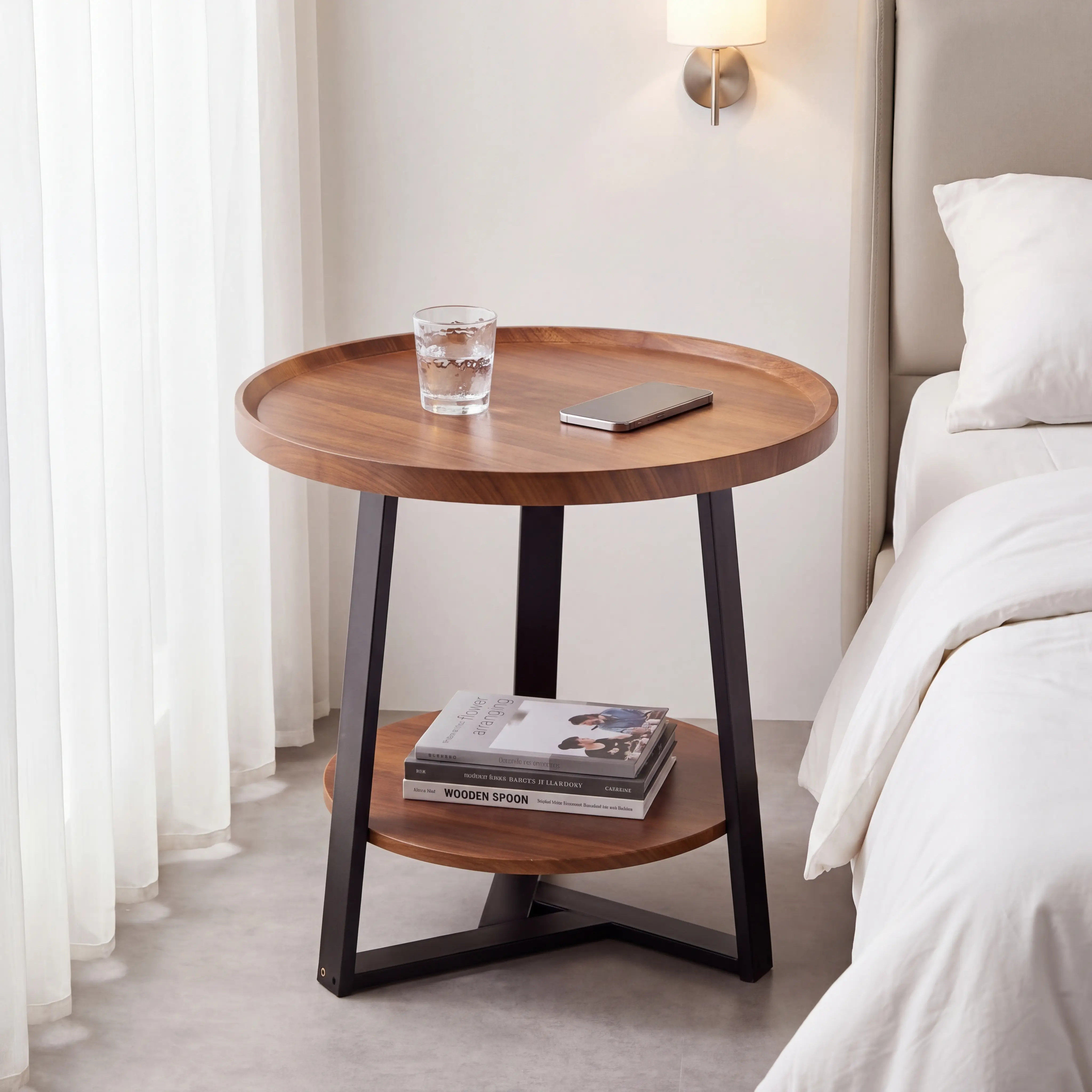 Industrial 2-Tier Round Modern Tiered Side Table - Engineered Wood Storage, Space Saving Table, Furniture for Small Spaces, Wooden Bedside Nightstand for Living Room