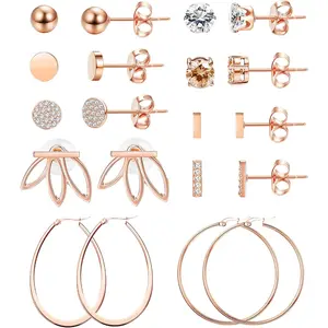 10Pairs Rose  Plated Stud Earrings for Women Ball CZ Bar Stud Earrings Flower Earrings Stainless Steel Large Hoop Earring Set