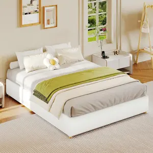 Gaomon Full Size Cloud Corduroy Low Platform Bed Frame - Thick Fabric Upholstered, No Headboard, Solid Wood Legs, No Box Spring Needed, Non-Squeaking, Easy Assembly, White Full Size Bed Frames