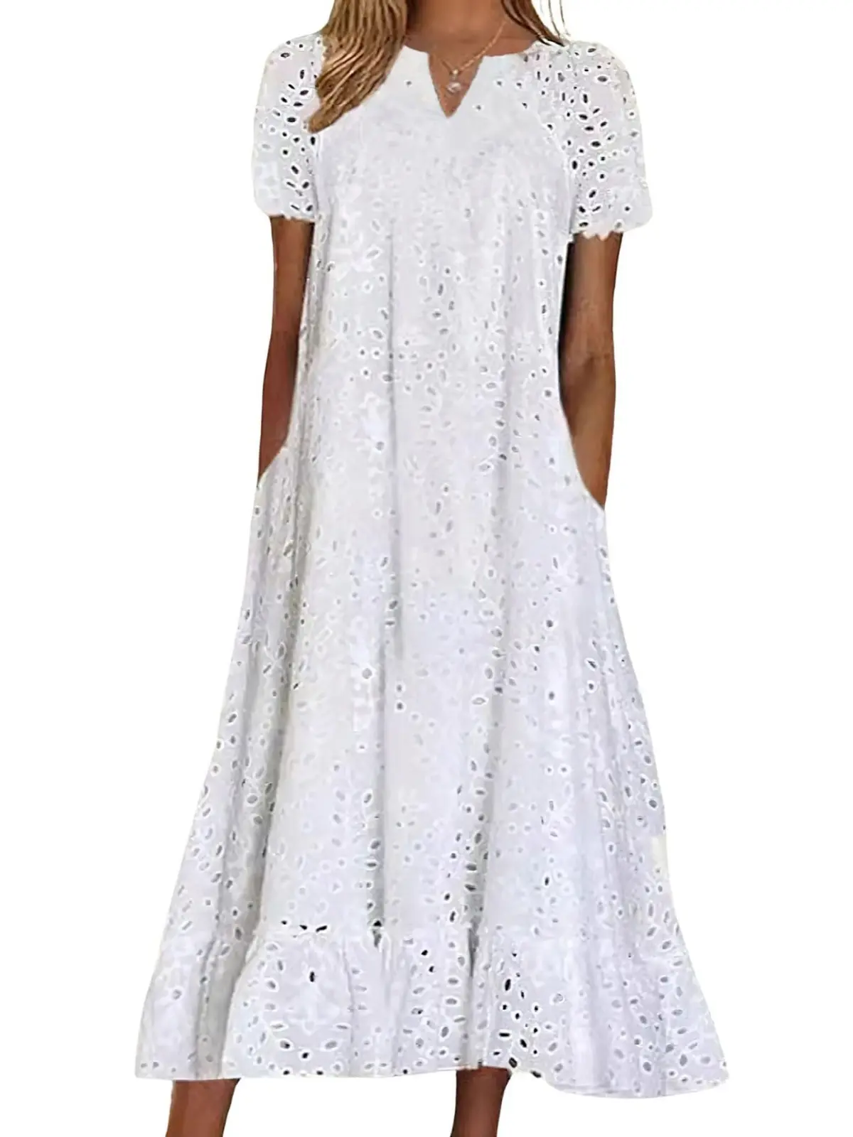 Ebossy Women Casual Floral Eyelet Lace Midi Tunic Dress Notch Neck with Ruffle Hem Functional Pockets Ebossy Women Casual Floral Eyelet Lace Midi Tunic Dress Notch Neck with Ruffle Hem Functional Pockets