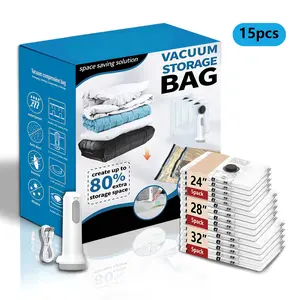 15 Pack Vacuum Storage Bags for Travel with Rechargeable Cordless Pump, Space Saver Bags for Clothes, Compression Packing Bags for Luggage and Suitcase, 15 Combo Size