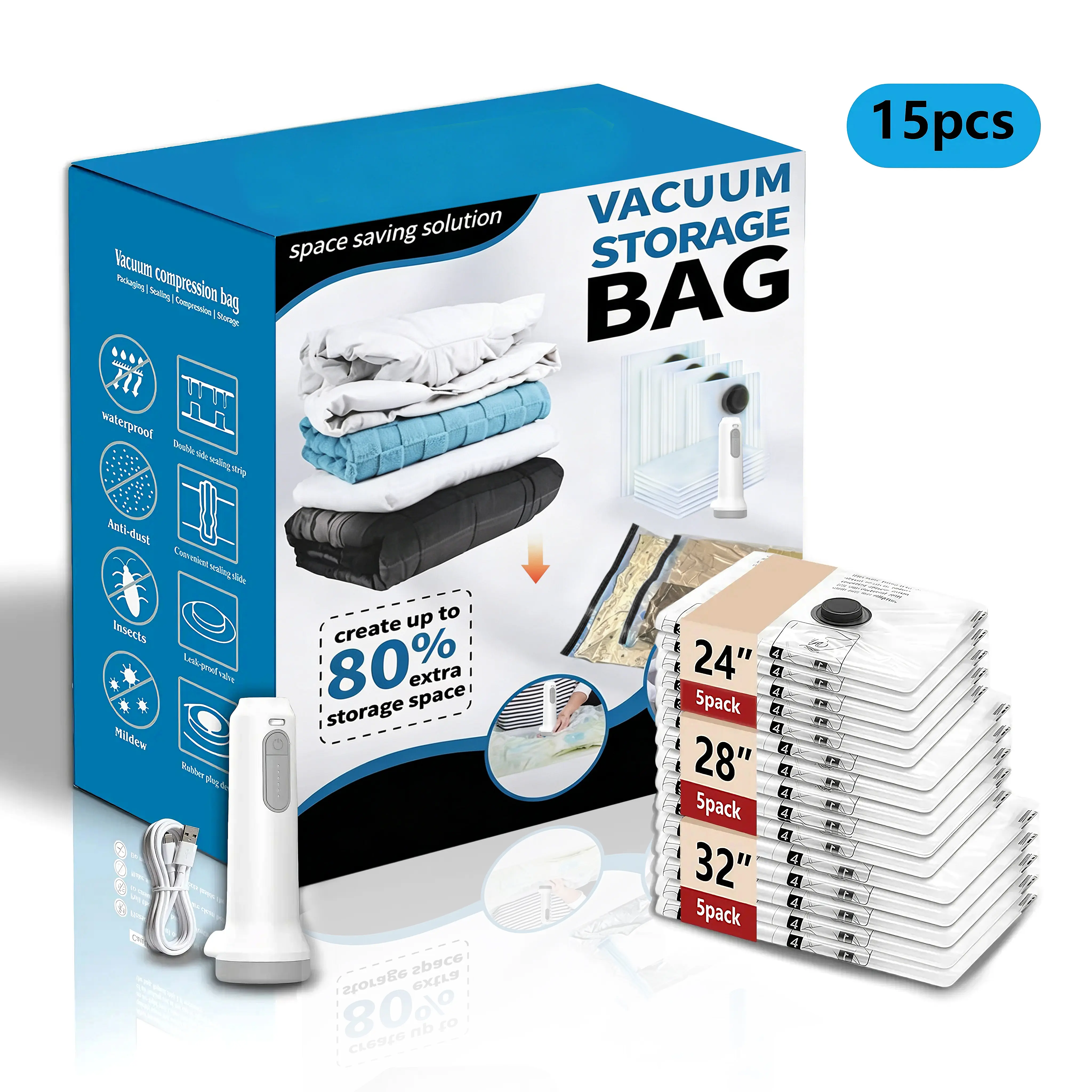 15 Pack Vacuum Storage Bags for Travel with Rechargeable Cordless Pump, Space Saver Bags for Clothes, Compression Packing Bags for Luggage and Suitcase, 15 Combo Size
