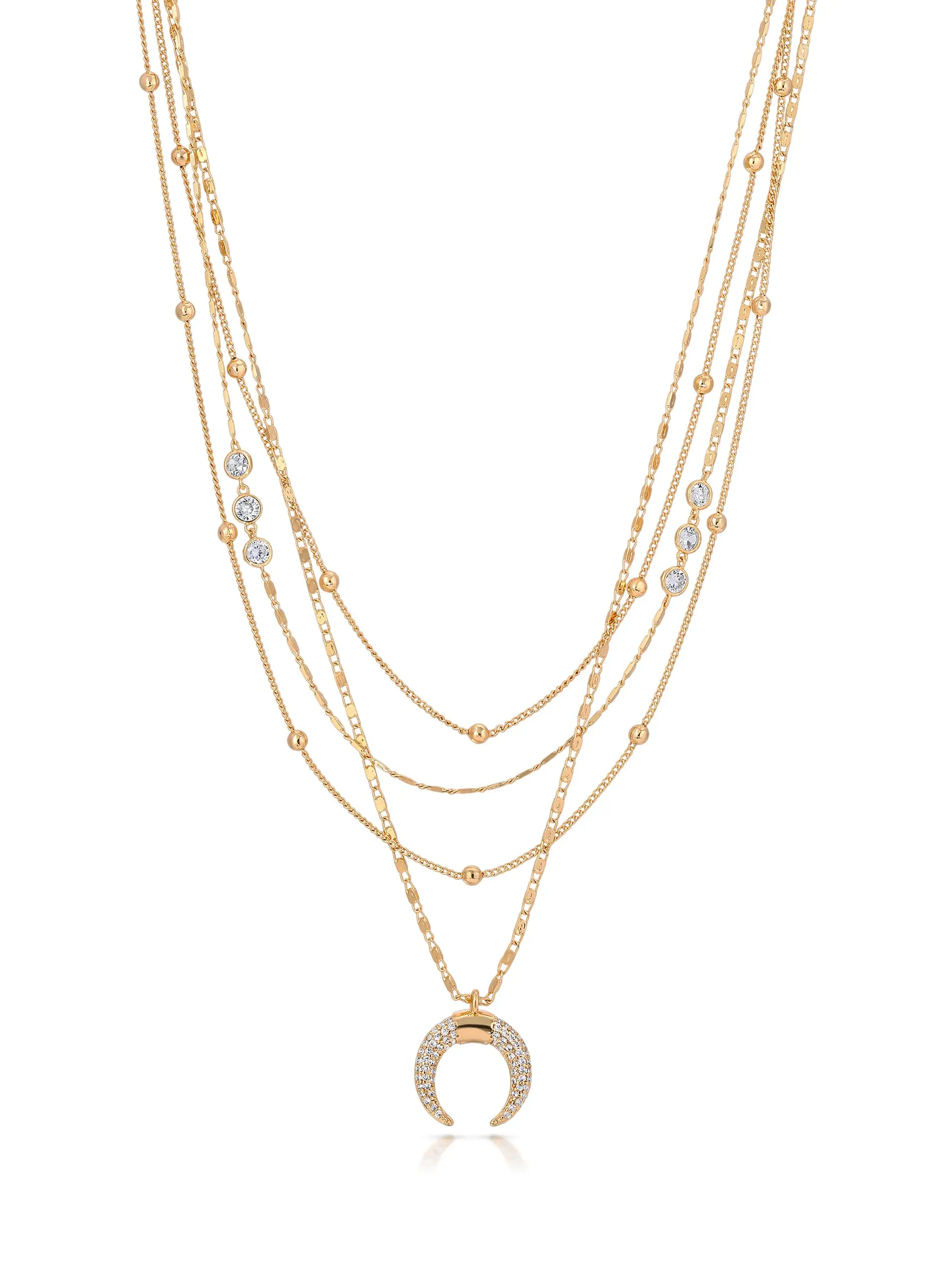 Layered Gold Chain Crescent Horn Necklace – 18K Gold Plated Multi-Layer CZ Necklace, Boho Statement Jewelry