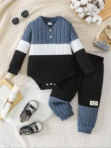 Baby Boys' Colorblock Long Sleeve Romper Pants Set, Autumn Winter, Comfortable Daily Wear, Infant Clothing for Fall & Winter Seasons, Infant Toddler Clothes