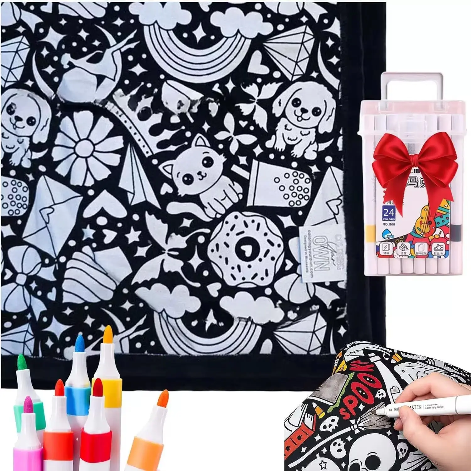DIY Coloring Blanket 24 Color Pens Art Marker Pens Washable Reusable Soft Fleece Drawing Blanket DIY Painting Blanket for Kids Adults Home Decor Drawing Tools Art Drawing Supplies