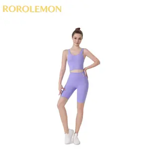 ROROLEMON Women’s 2-Piece Workout Set, Lavender U-Neck Sports Bra & High Waist 5-Inch Biker Shorts, Quick-Dry Activewear for Yoga & Gym