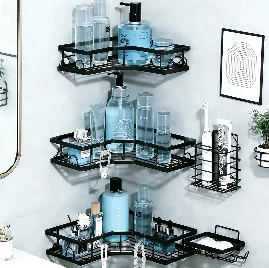 5-Pack Modern Stainless Steel Corner Shower Caddy - Rustproof, Waterproof, No-Drilling Bathroom Organizer, 40lbs Load Capacity, Space-Saving Eco-Friendly Shower Organizer, Housewarming Gift for Home Use, Powder Room, 8 Adhesive Sets, Durable, Works On Til