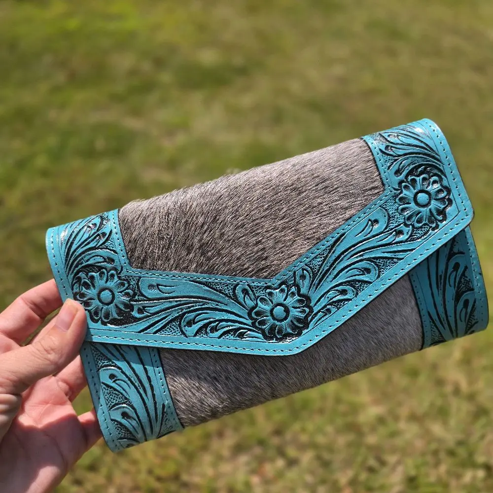 Leather Tooled Cowhide Wallet - Turquoise Blue & Gray cowhide - Handcrafted Wallet for Everyday Use